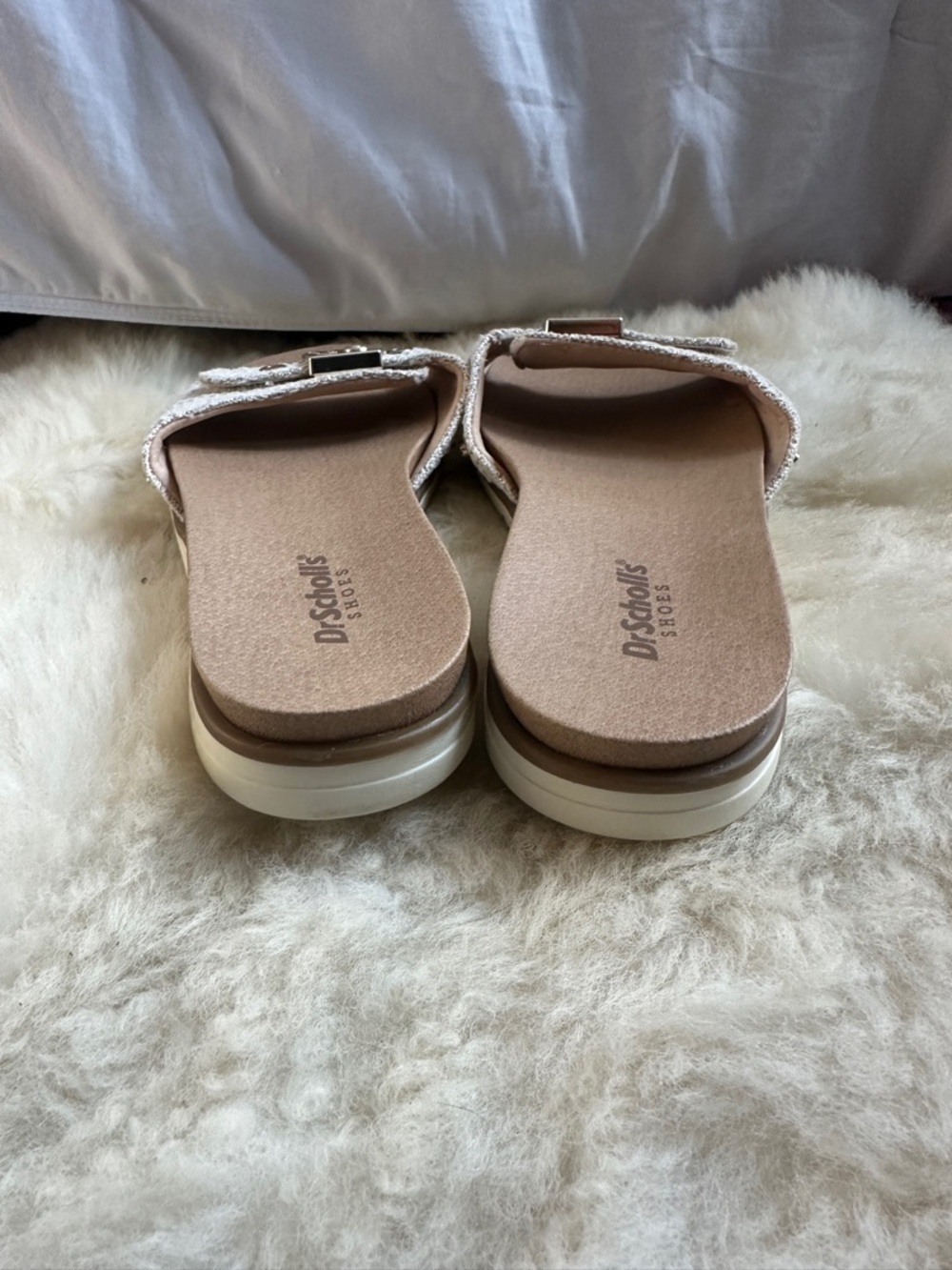 Dr. Scholl’s Nice Iconic Slide Sandals Cream Woven Strap Buckle Comfort Mule - Picture 4 of 11
